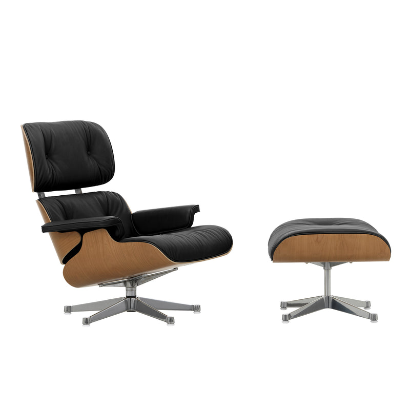 Vitra - Lounge Chair & Ottoman | Leder Premium F 66 nero / Kirsche natur / poliert / Seiten schwarz